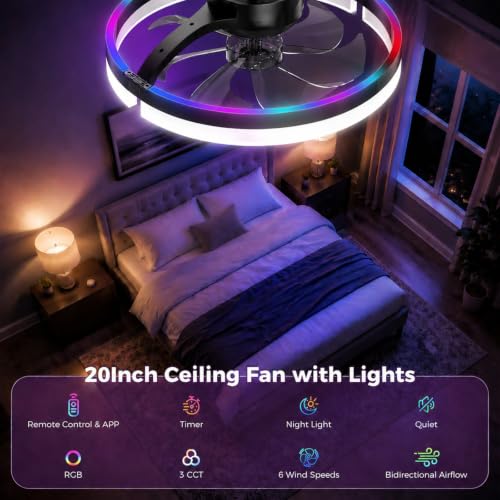 Franjulia 20-Inch RGB Low Profile Ceiling Fan with Lights & Remote - Black