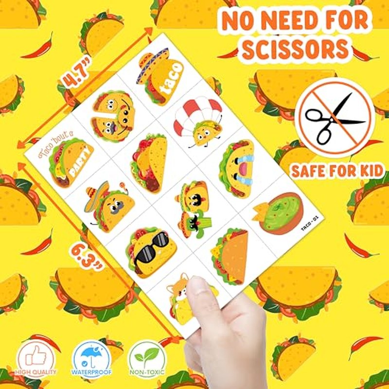 96 PCS Taco Mexican Fiesta Pre-Cut Temporary Tattoos for Kids | Cute Cinco de Mayo Themed Birthday Party Favors, Supplies, Decorations, Fake Tattoo Stickers, School Rewards Prizes & Gifts Boys Girls