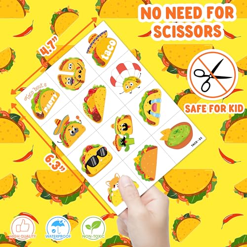 96 PCS Taco Mexican Fiesta Pre-Cut Temporary Tattoos for Kids | Cute Cinco de Mayo Themed Birthday Party Favors, Supplies, Decorations, Fake Tattoo Stickers, School Rewards Prizes & Gifts Boys Girls