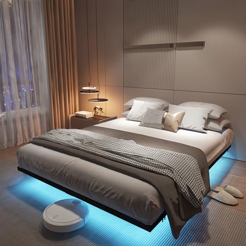 Black Full Size Floating Bed Frame with LED Lights & Charging Station