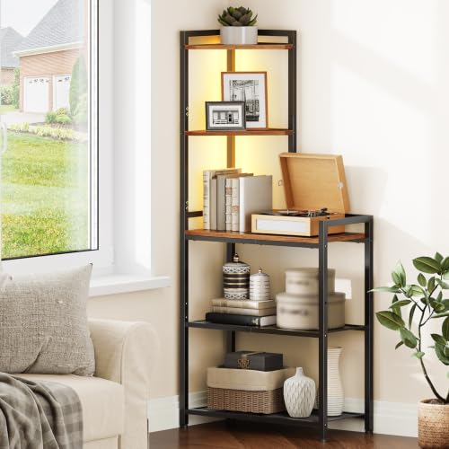 Corner Shelf with LED Light & Storage Stand - Rustic Brown + Black, 56.3" Tall