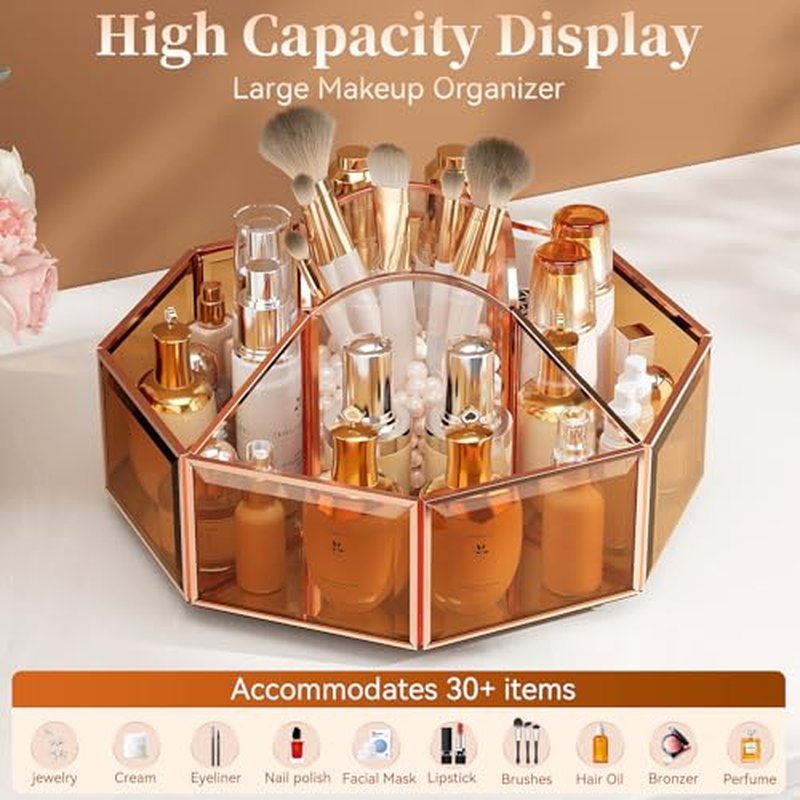 360¡Æ Rotating Makeup Organizer Spinning Vanity Organizer with Makeup Brush Holder for Countertop, Bathroom Storage, Skincare, Perfume & Cosmetic Organizer for Vanity Amber