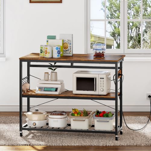 Kitchen Island with Power Outlet, Folding Top & Wine Rack, Movable, Rustic Brown
