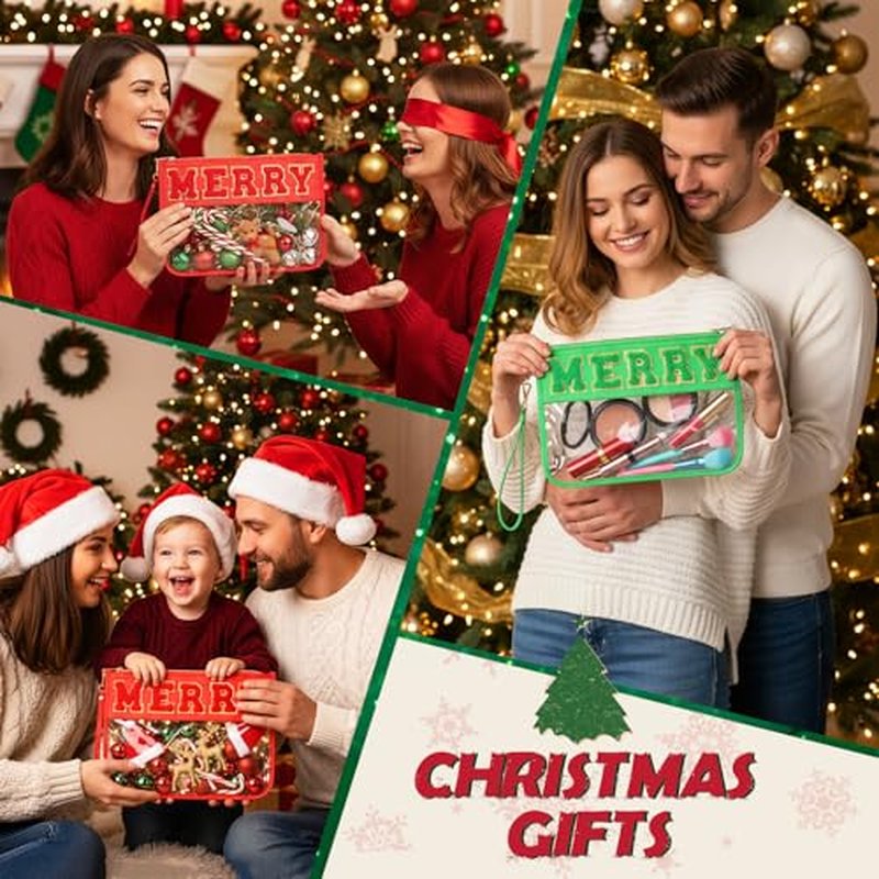 6 Pcs Christmas Gifts Red Green Chenille Letter Bags Xmas Nylon Clear Cosmetic Bags Toiletry Zipper Pouch Merry Makeup Travel Purse for Women Christmas Party Holiday Favor