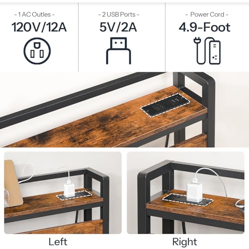 Queen Size Headboard with Outlets & USB Ports, Rustic Brown & Black, Adjustable Storage Rack