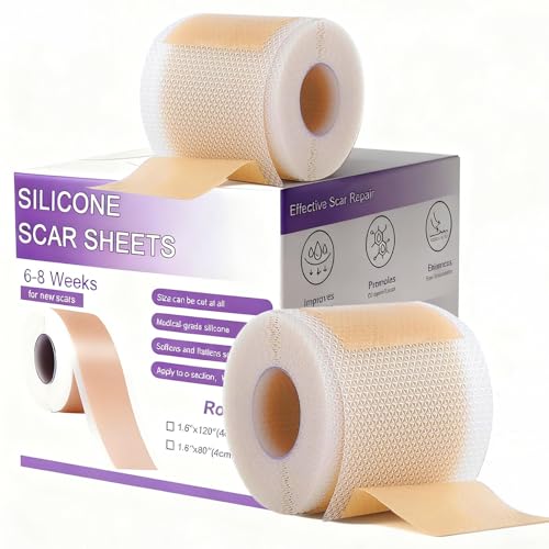 Silicone Scar Sheets 2 Rolls, Silicone Scar Tape (1.6¡± x 120¡± Roll-3M) Pro-Grade Silicone Scar Removal Strips, Reusable, Scar Tape for Wrinkles, Tummy Tuck, C-Section, Keloid, Burn, Acne Scars