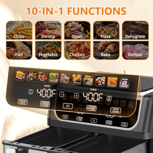 9.5 Quart Dual Basket Air Fryer - Black, 10-in-1 Large Capacity with Presets