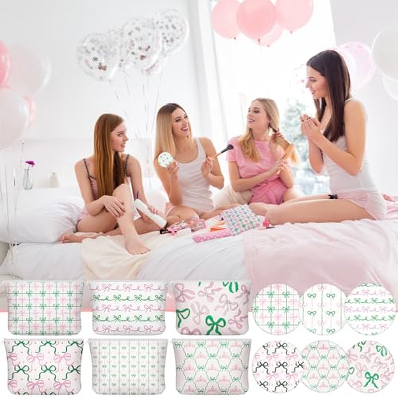 Abbylike 12 Set Pink and Green Party Favor Bow Makeup Bag Compact Mirrors Coquette Preppy Bow Gift for Women Halloween Birthday Bridal Shower Bachelorette Girly Witch and Princess Party Supply
