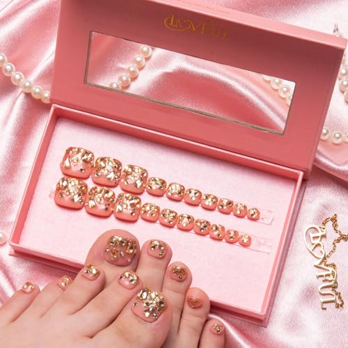 Press On Toenails Golden Glitter - Reusable Fake Toe Nails 20 PCS - Free Size