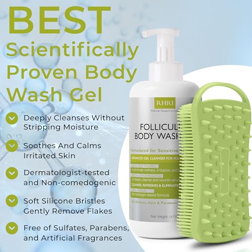 Folliculitis Treatment Folliculitis Body Wash Sensitive Skin | Gel Cleanser for Redness & Irritation with No Sulfates, Dyes or Parabens | Body Wash Includes Bonus Scrubber Brush