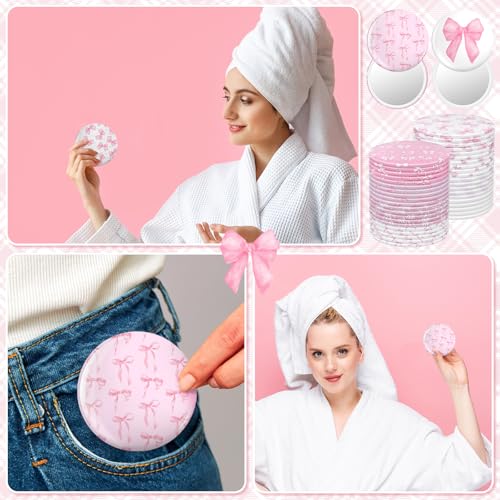 Namalu 48 Pcs Pink Bow Party Favors Pink Bow Coquette Mini Pocket Mirrors Inspirational Christian Gifts Bulk for Women Portable Round Makeup Mirror Church Religious(Cute Style)