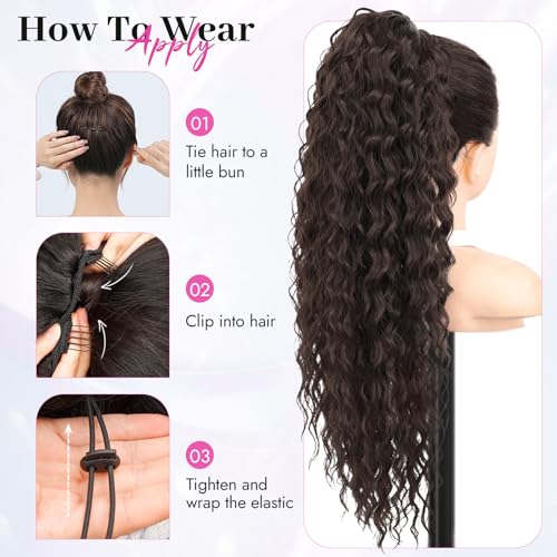 26 Inch Dark Brown Drawstring Ponytail Extensions for Women, Long Curly Wavy Hair