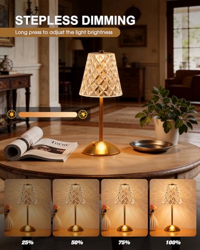 Nusogon Rechargeable Cordless Crystal Table Lamp - Gold-Diamond Touch Control