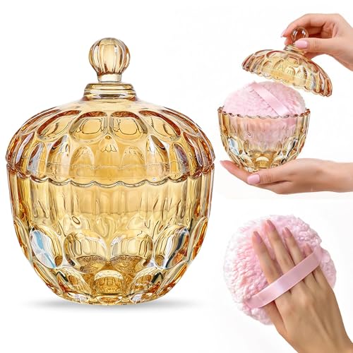 kanpura 2 Pcs Extra Large Body Powder Puff and Container Clear 6 Inch Body Powder Puff and Crystal Container for Baby Women Reusable, Washable, Wet and Dry Makeup (Amber)