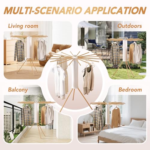 Foldable Tripod Clothes Drying Rack with 16 Beechwood Arms - Wooden Poles
