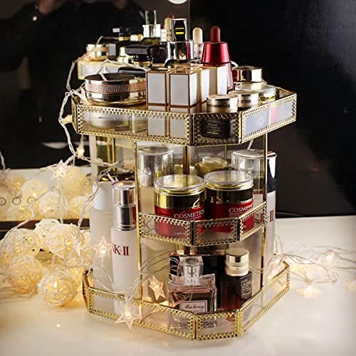 Yamfurvo 360 Degree Rotation Makeup Organizer Antique Countertop Cosmetic Storage Case, Glass Beauty Display, Gold Spin Large Capacity Holder for Brushes Lipsticks Skincare Toner