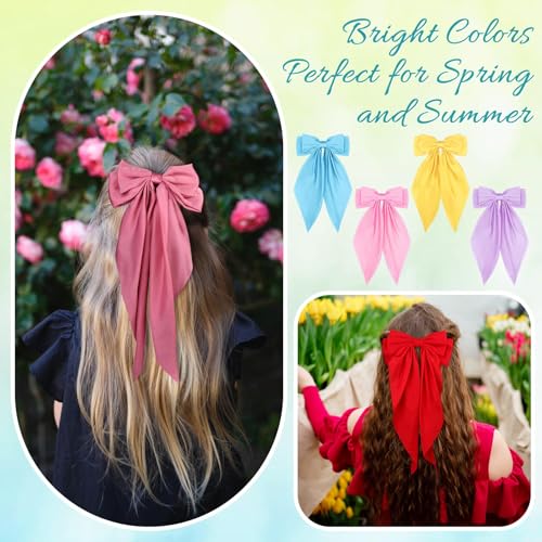 Large Satin Hair Bows Set - 32 Colorful Oversized Hair Ribbons with Long Tails for Women & Girls - Non-Slip Hair Clips & Elegant Styling