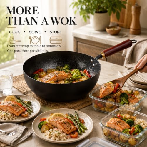11-Inch Carbon Steel Wok with Flat Bottom & Detachable Handle – Deep Frying Pan for All Cooktops