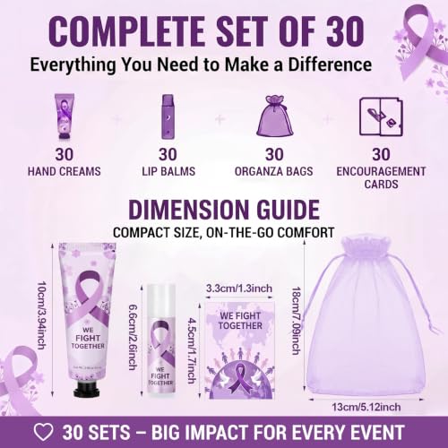 Purple Ribbon Awareness Gift Set - Lip Balm & Hand Cream Set with Organza Bags & Cards - 30 Sets