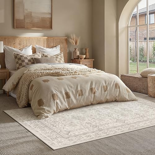 Vintage Floral Area Rug - 6x9 Beige Washable Rug for Living Room - Retro Style