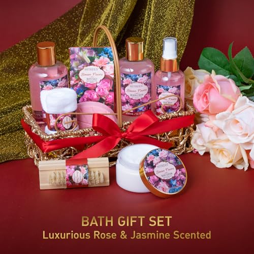 Hitrees Rose & Jasmine Gift Basket for Women, 9-Piece Spa Set with Body Care