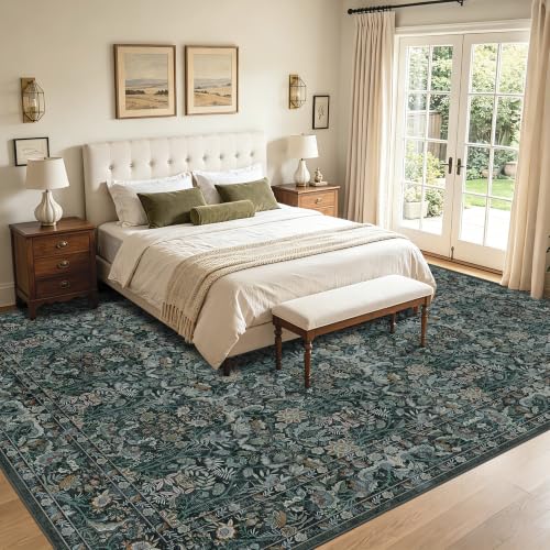 Vintage Botanical Area Rug 9x12 Dark Green Non-Slip Floral Carpet for Living Room