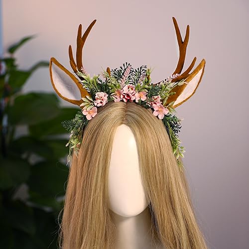 MOSTORY Handmade Antler Headband with Flowers & Ears - Brown-Pink Variation