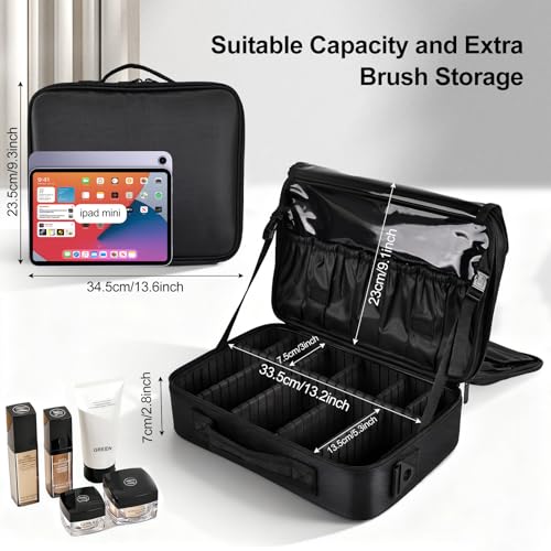 Greenfeather Black Medium Travel Makeup Case with Adjustable Dividers & Shoulder Strap