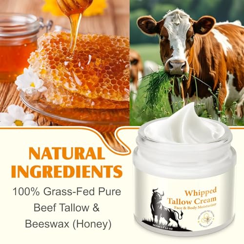 Beef Tallow for Skin, Beef Tallow Honey Balm, Organic Moisturizer for Face & Body Skin Care, Deeply Nourishes the Skins with Raw Wild Honey, Fast Absorption for Dry & Aging Skin