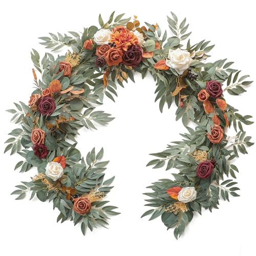 Artificial Eucalyptus Garland 6ft with Flowers Sunset Terracotta Faux Floral Vine for Wedding & Home Decor