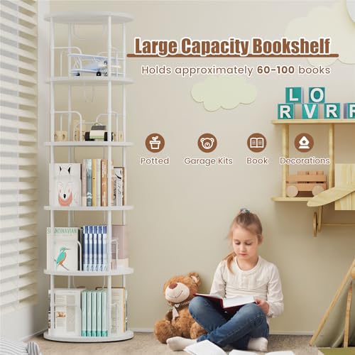 Round 5-Tier Rotating Bookshelf - White Tall Corner Spinning Bookcase