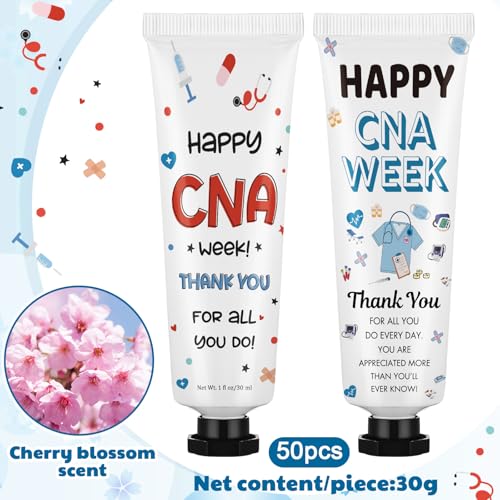 Loopeer 50 Pcs 2026 CNA Week Gifts Bulk Hand Cream Nursing Assistant Appreciation Gifts for Nurse Dry Cracked Hands Travel Size Double Sided Design Moisturizing Hand Cream