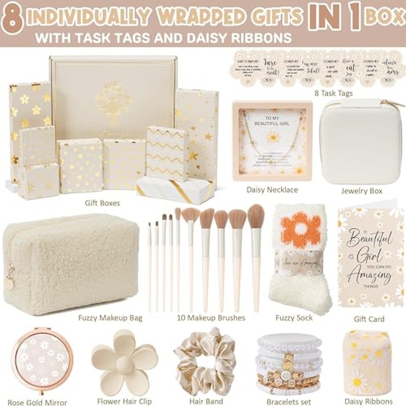 Christmas Gifts for Tween & Teen Girls - 8 PCS Birthday Gifts Basket Teen Girls Trendy Stuff w/ Fun Task Tags Make up Brushes & Bag, Empower Advent Calendar Wrapped Gifts Box for Daughter Niece Sister