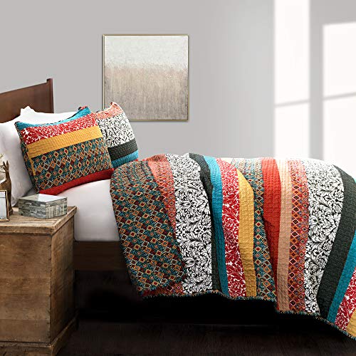 Lush Decor Boho Stripe Reversible Cotton Quilt Set King Turquoise & Tangerine 3-Piece