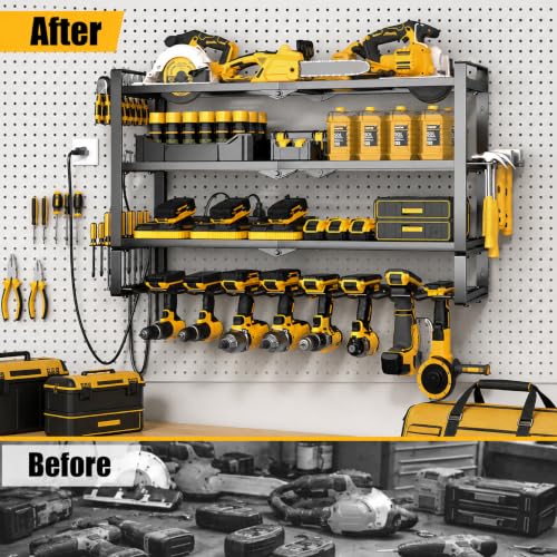 32 Inch Power Tool Wall Mount Organizer with Charging Station - Heavy Duty 4-Tier Metal Rack with Surge Power Strip and 8 Drill Holders