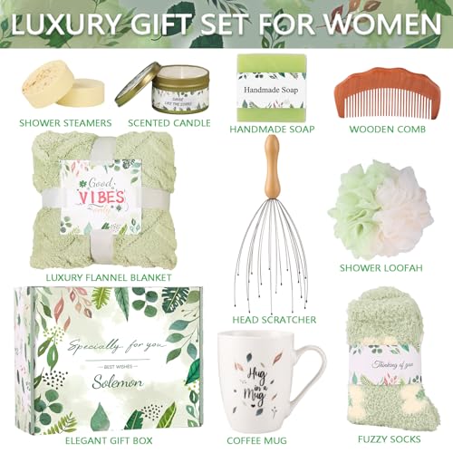 Green Spa Gift Basket for Women - Cozy Care Package with Candle & Accessories