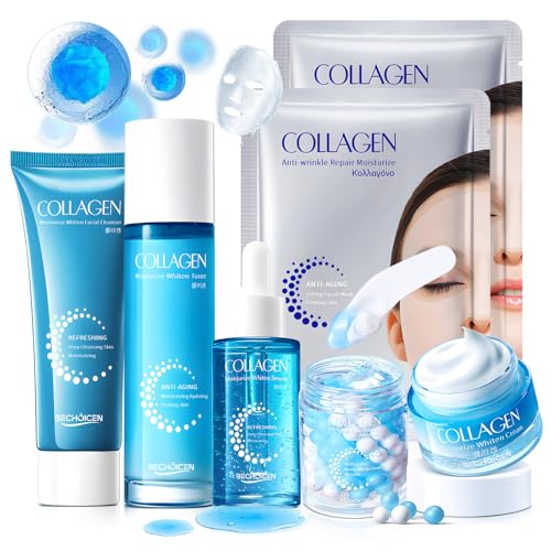 BECHOICEN Collagen Skincare Set for Women – Blue 7-Piece Face Care Kit with Cleanser, Toner, Serum, Eye Cream, Face Cream & Masks – Hydrating & Firming Routine