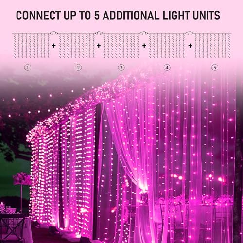 LED Curtain String Lights with 8 Modes Waterproof Indoor Outdoor Pink 9.8ft