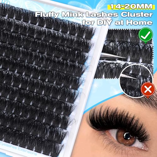 wiwoseo 200D Long Lash Clusters Lashes Clusters Thick Volume Eyelash Clusters 14-20MM Cluster Eyelash Extensions Russian Individual Lashes for Beginners DIY at Home Cluster Lashes