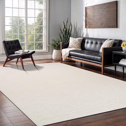 Indoor Outdoor 8x10 White Jute-Style Rug - Woven Solid Fiber Boho Carpet