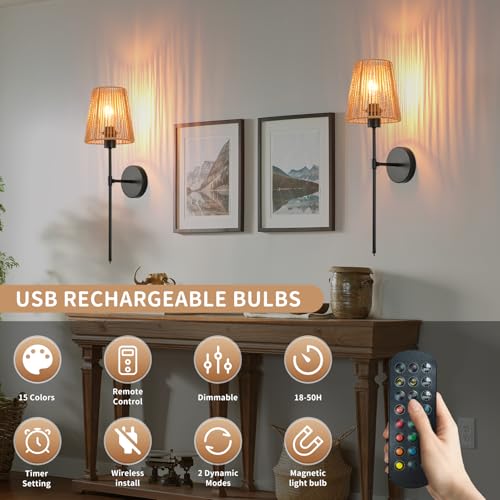 Black 24.4 Inch Battery Operated Wall Sconces Set of Two with Remote & Rechargeable Bulbs