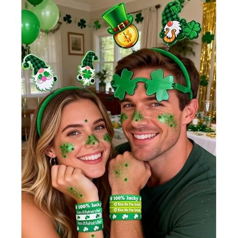 117 Pcs St. Patrick's Day Accessories Kit , Custom Shamrock Green Glitter Gel, Necklaces, Headbands, Shamrock Eyeglasses, Bracelets ,Tattoo Stickers, Irish Party Favors Festival Decorations