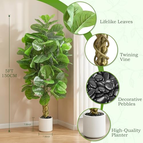 White 5FT Artificial Fiddle Leaf Fig Tree Indoor Outdoor Plant - Realistic Fake Tree