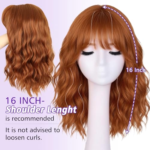 Dusty Orange Short Wavy Wig with Bangs for Women 16 Inch Synthetic Hair - AllureLocks