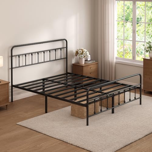 King Size Metal Bed Frame with Headboard and Footboard - Black - Heavy Duty Steel