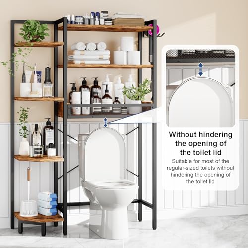 Roxibelt Rustic Brown Over Toilet Storage Shelf 7-Tier with Basket & Hooks