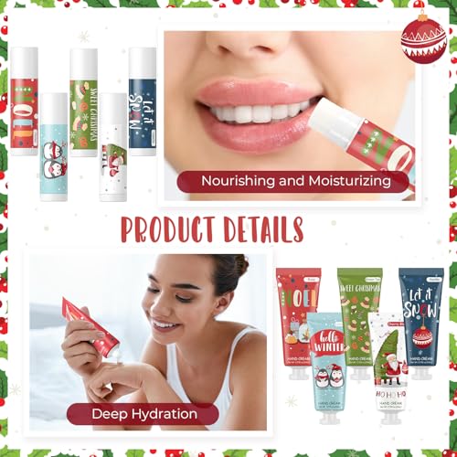 15 Pcs Christmas Hand Cream and Lip Balm Gift Sets, Christmas Stocking Stuffers Travel Size Hand Lotion Lip Balm Xmas Party Holiday Gifts for Women Mom Staff Coworkers Adult Girls