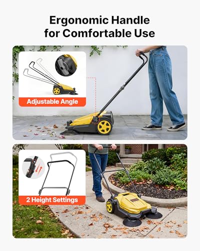 VEVOR Walk-Behind Hand Push Floor Sweeper - Yellow, 25.6-Inch Sweeping Width, 5-Gallon Waste Container, Adjustable Folding Handle