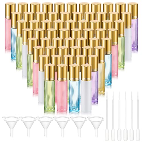 Hushee 60 Pack 10ml Roll on Bottles Set - 6 Color Glass Essential Oil Roller Bottles Empty with Funnels, Droppers & Openers, Leak-proof Stainless Steel Balls for Aromatherapy, Perfume DIY & Lip Balm