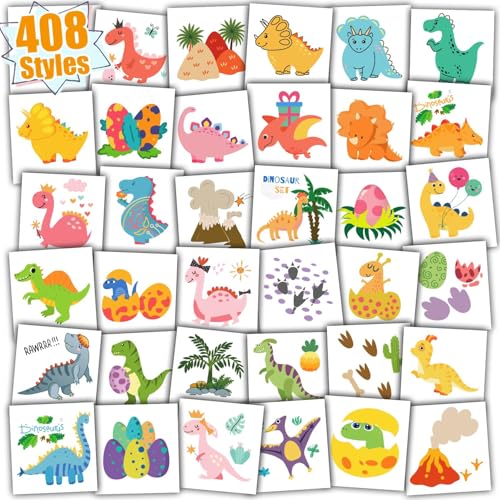 Partywind 408 PCS Dinosaur Kids Temporary Tattoos, Individually Wrapped Cut Tattoos for Party Supplies Favors, Boys Birthday Games Goodie Bag Stuffers, Dinosaur Decorations